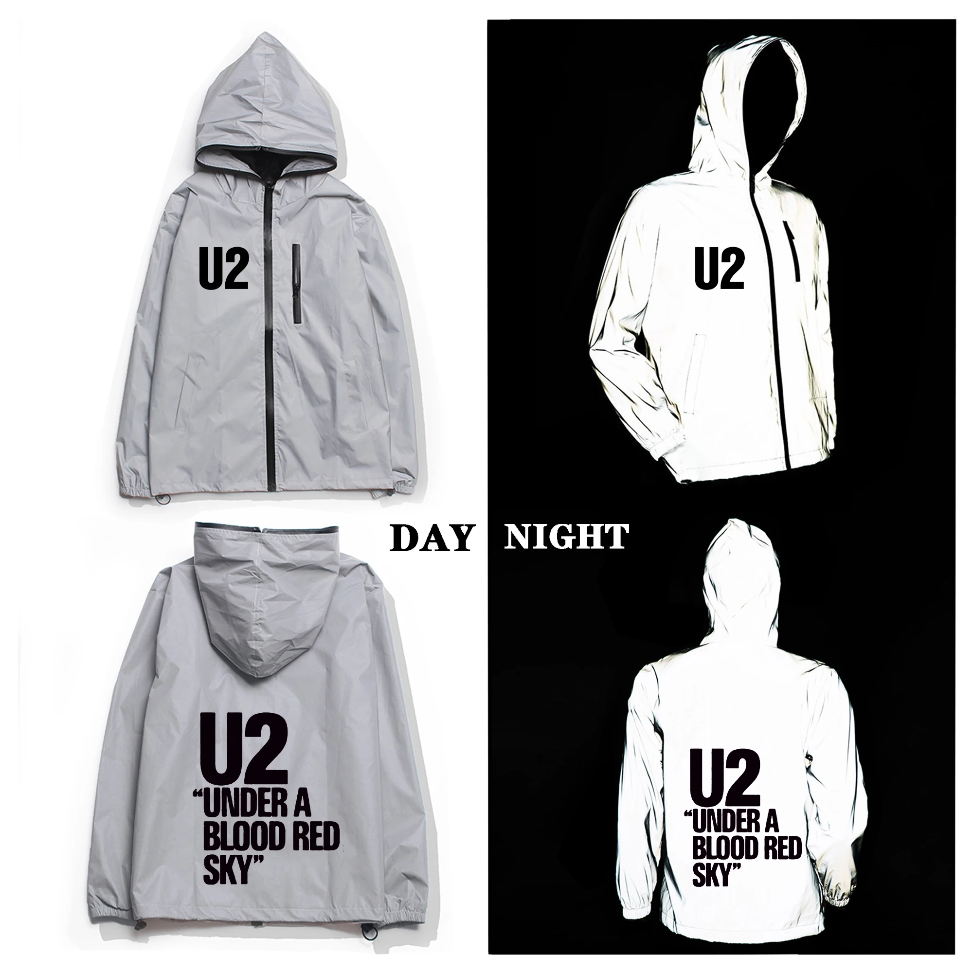 

U2 Rock Band Reflective Jacket Mens Womens Coat Hooded Windbreaker Run Pocket Jackets Cycling Hiking Zipper Custom Hoodie