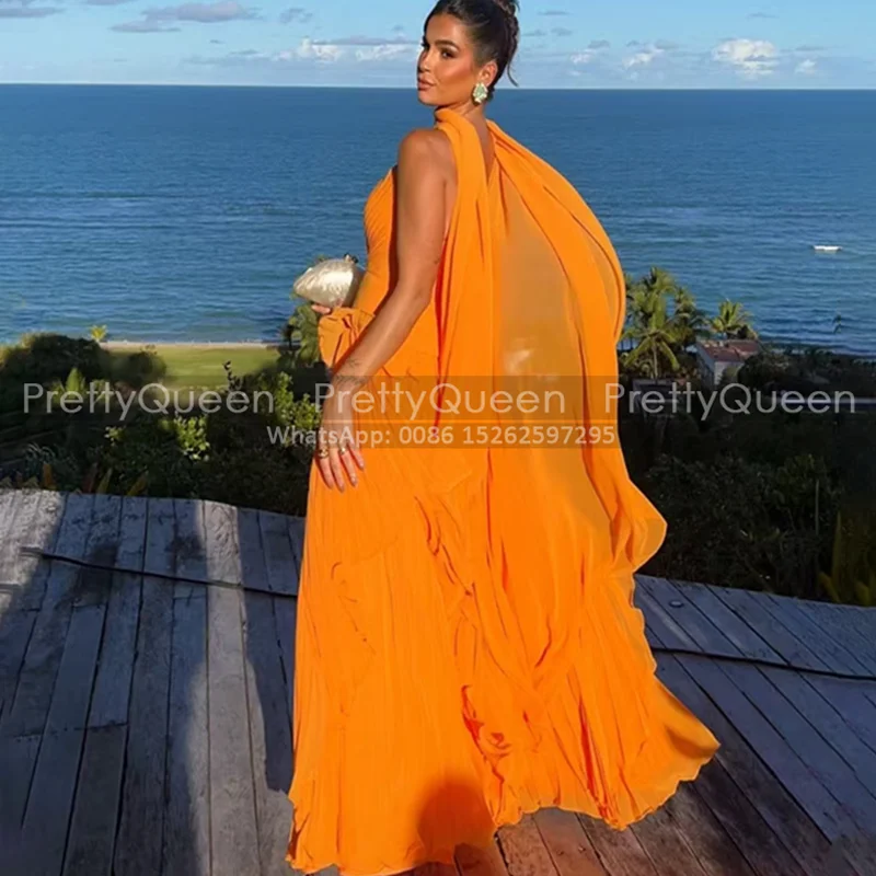 Laranja uma linha vestido de noite com lenço longo personalizado sem alças plissado chiffon vestidos de baile festa