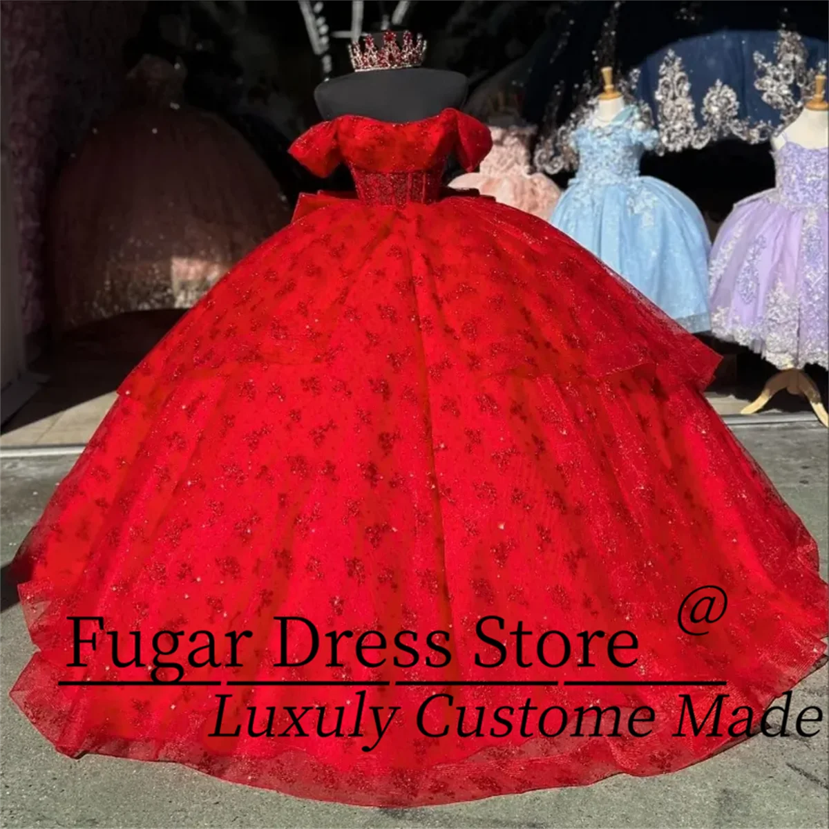 

Glitter Red Quinceanera Dress Off the Shoulder Ball Gown Lace Beading Crystals Tull Sweet 16 Vestidos De 15 Anos Customized Size