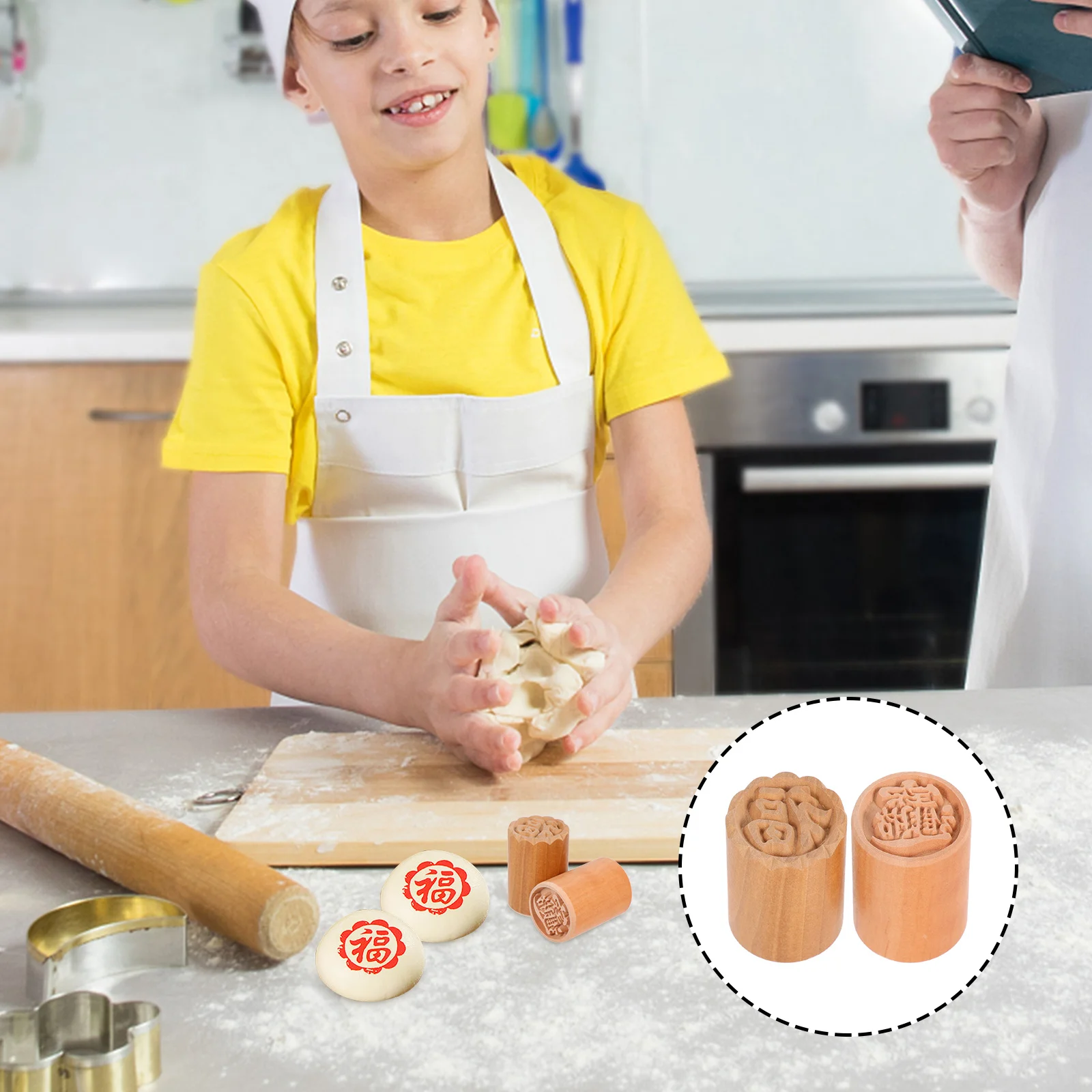 

2pcs Wooden Moon Cake Stamp Diy Pastry Press For Baking Kitchen Hotel Party Use Cookie Stamps Dough Decor Tool