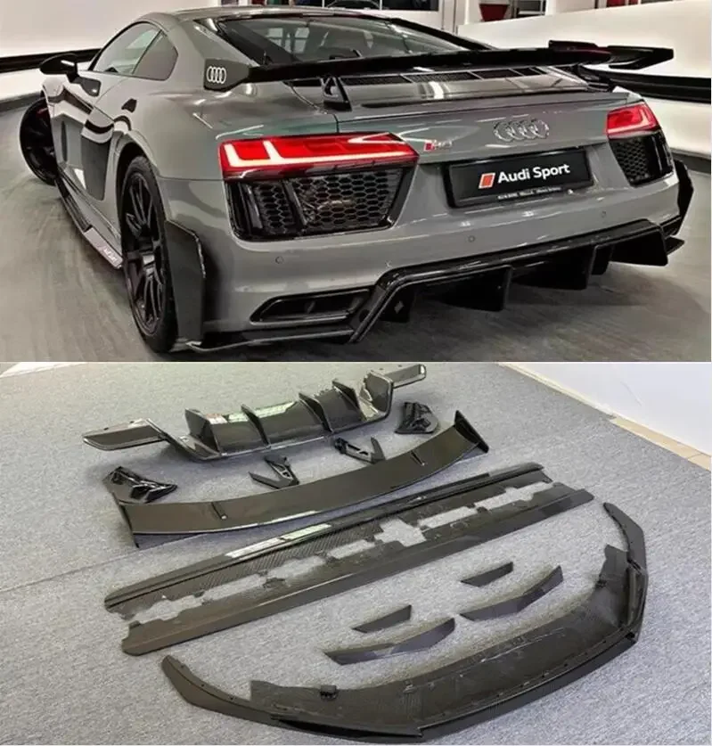 Real Carbon Fiber Front Bumper Lip +Rear Spoiler + Trunk Diffuser + Side Body Skirt Kit For Audi R8 V8 V10 GT 2016-2020 P Style