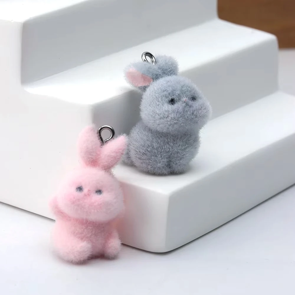 20 PCS 3D Flocking Resin Rabbit Charm Animal Plush Doll Pendants for Necklace Jewelry Making DIY Handmade Accessories Wholesale
