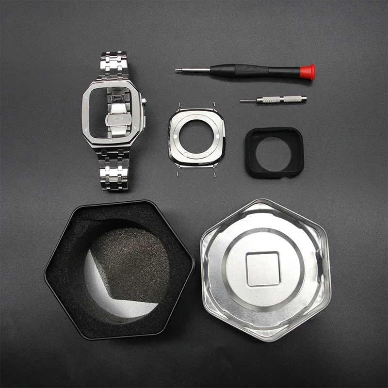 Luxury Metal Modification Kit for Apple Watch 8 7 45mm 44mm Stainless Steel Strap for Iwatch Series 6 5 4 3 SE Bezel Frame Band