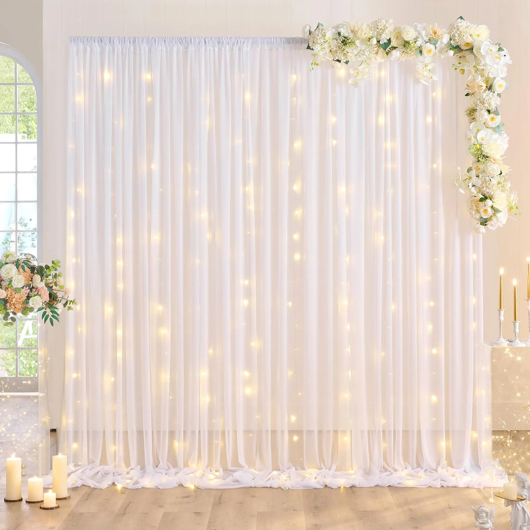 White Chiffon Backdrop Curtain for Wedding Party Sheer Drapes Curtains for Parties Baptism Birthday Baby Shower Photoshoot