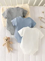 threePiece Summer Newborn Baby Boy Set White, Blue, Gray Short-Sleeve Cardigan Rompers with Bear Embroidery Comfortable Fabric 3