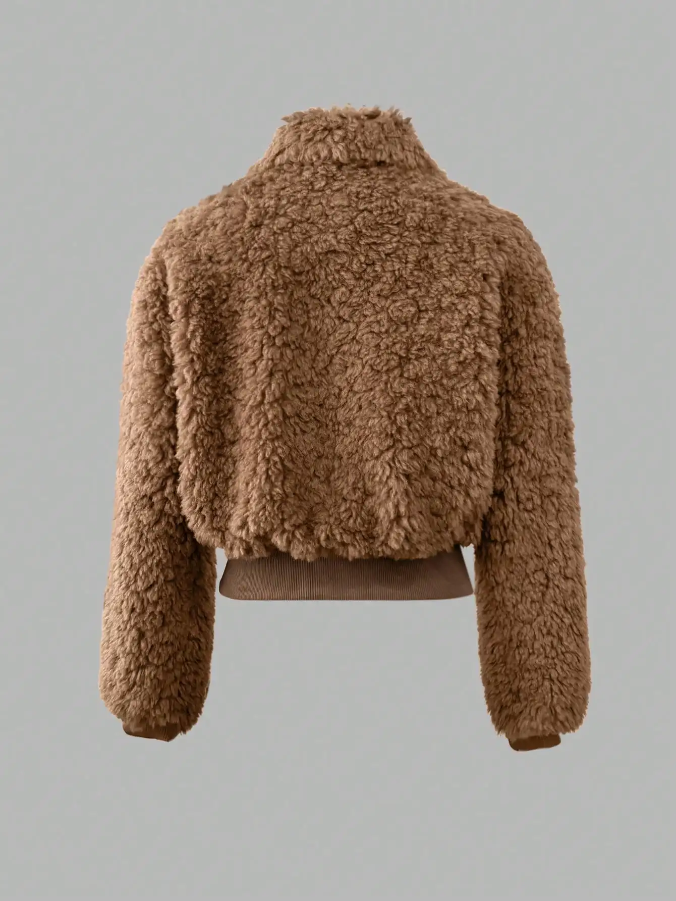 Bruine teddyfleece cropped jas voor dames, ritssluiting, reverskraag, pluizige korte jas, winterwarme bovenkleding