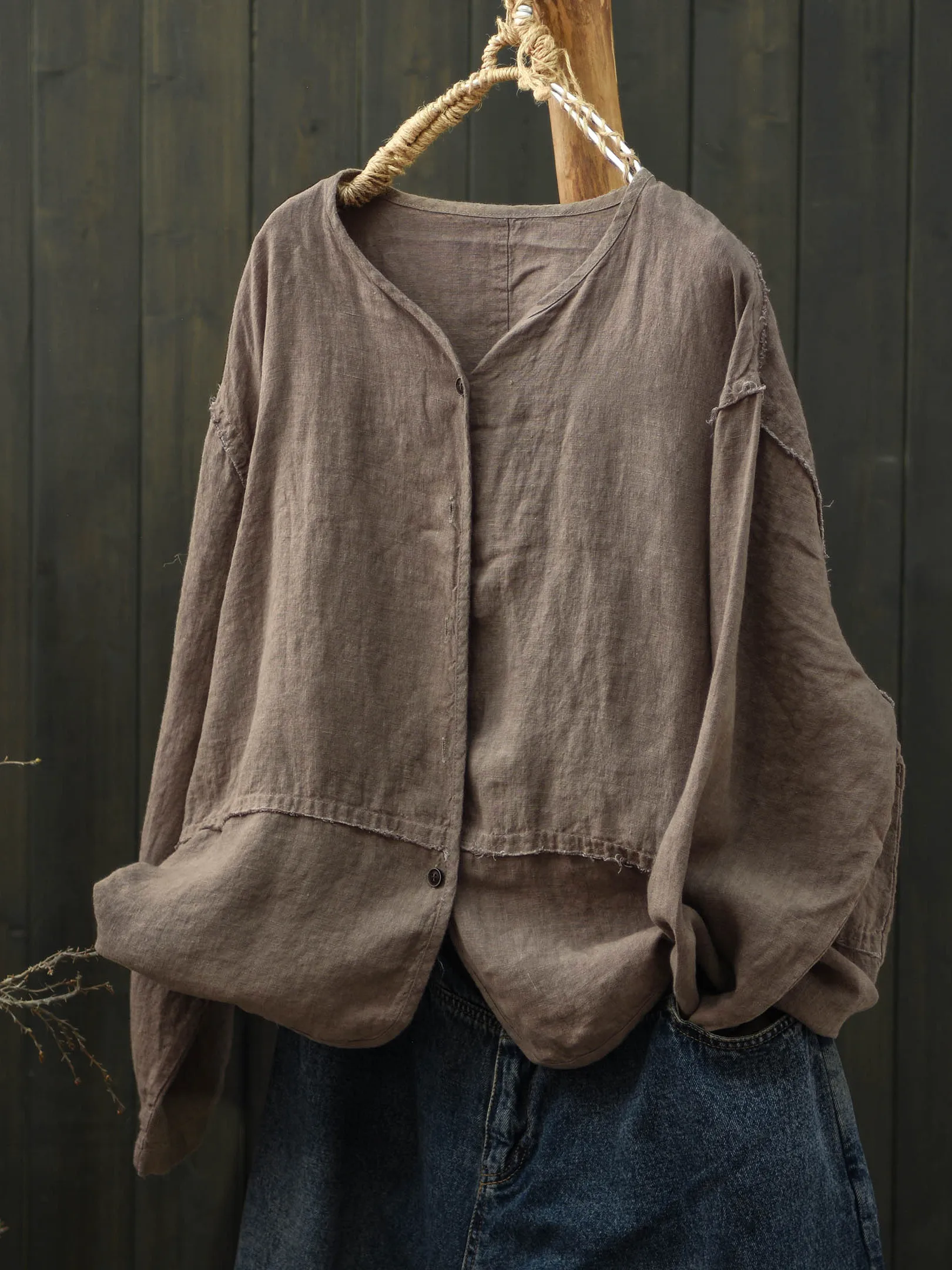 

Retro Linen Breathable Frayed Patchwork Women's Shirt Spring Autumn Large Size Loose New Style Button up Open Cardigan