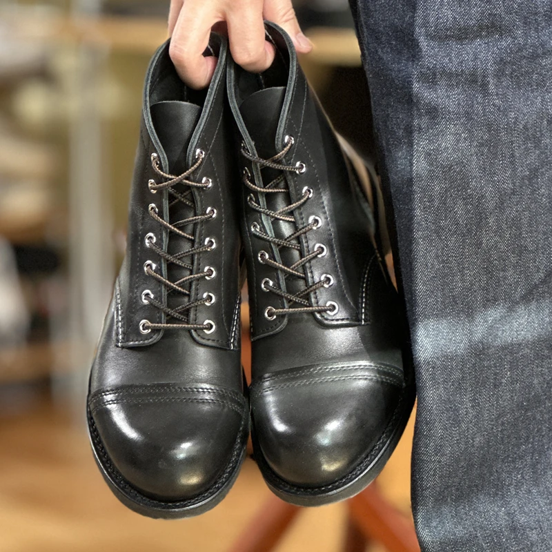 Full Buttoned Retro Black Oil Wax Top Layer Cowhide Goodyear Men's Motorcycle Boots