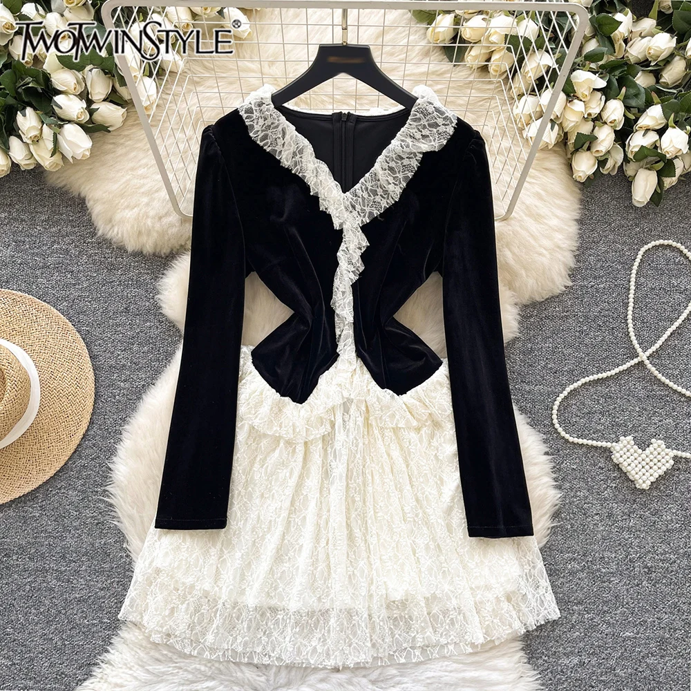 

TWOTWINSTYLE Elegant Slimming Lace Dresses For Women V Neck Long Sleeve High Waist Temperament Dress Female Fashion KDR540755