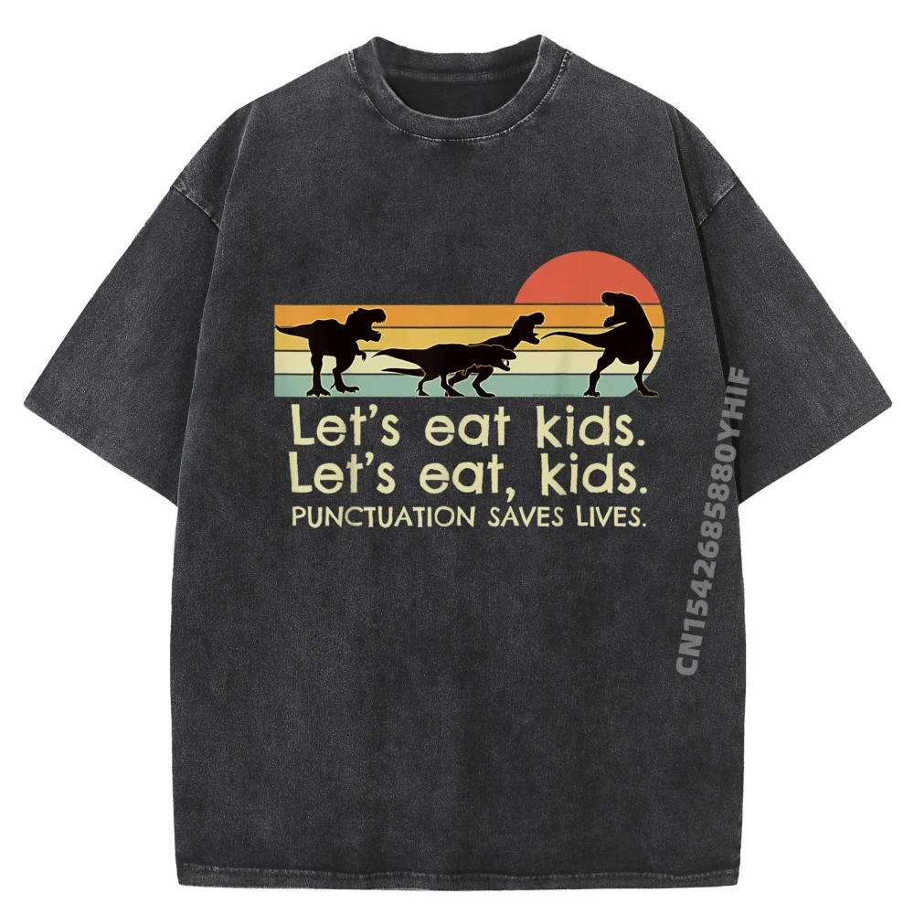

Funny Dinosaurs Let's Eat Kids Punctuation Saves Lives Green And White Graphic T Shirt Retro Washed T Shirt Man Loose