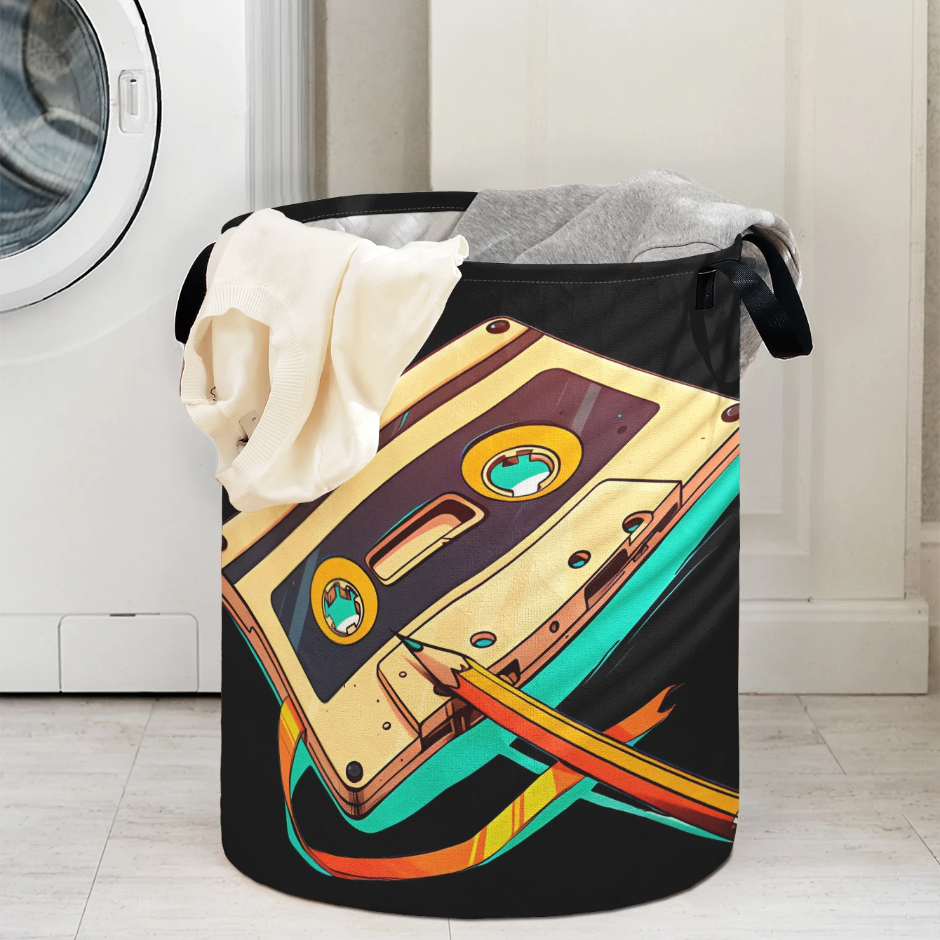 Retro Cassette Tape Print Foldable Large-Capacity Storage Basket, for Kids' Toys and Clothes, Home & Bathroom Use