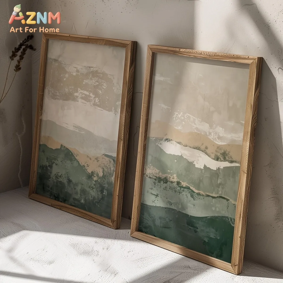 2pcs AZNM Abstract Green Beige Landscape Canvas Wall Art Set of 2 Unframed Neutral Boho Wall Decor Modern Minimalist Textured Pa