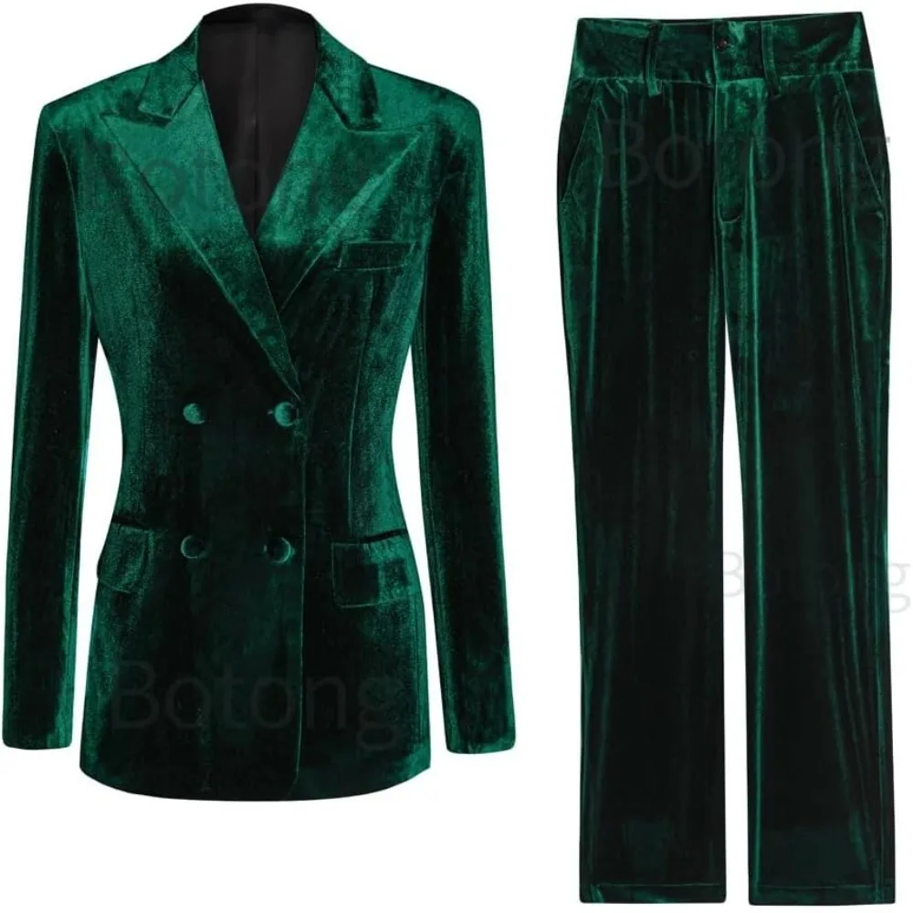بدلة نسائية مخملية مكونة من قطعتين بدلة عمل مكتبية وطية صدر السترة مزدوجة الصدر وسروال بدلة عمل