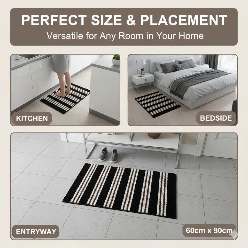 Minimalist Striped Plush Bath Mat Non Slip Waterproof Absorbent Loop Pile Floor Mat Bathroom Rug Ins Bedroom Bedside Home Use