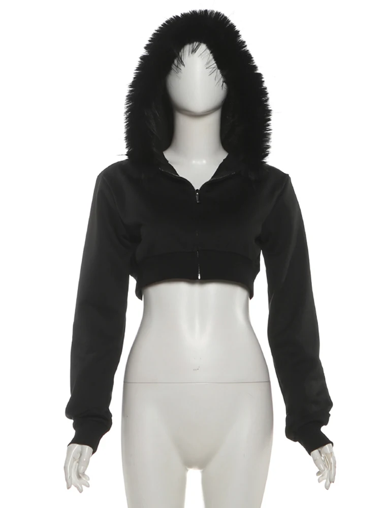 Dziwaczna kurtka patchworkowa z futerkiem, damska, z kapturem, jesienny trend, zapinana na zamek, bardzo krótka, z długim rękawem, prosta, w stylu wild, gotyckim, punkowym, streetwearowym, klubowa.