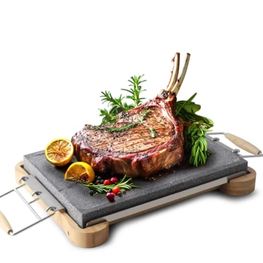 

Набор для гриля из лавового камня Extra-Large с бамбуковой подставкой и термостойкими ручками - 15.75 x 11.81, натуральный лавовый камень для стейков