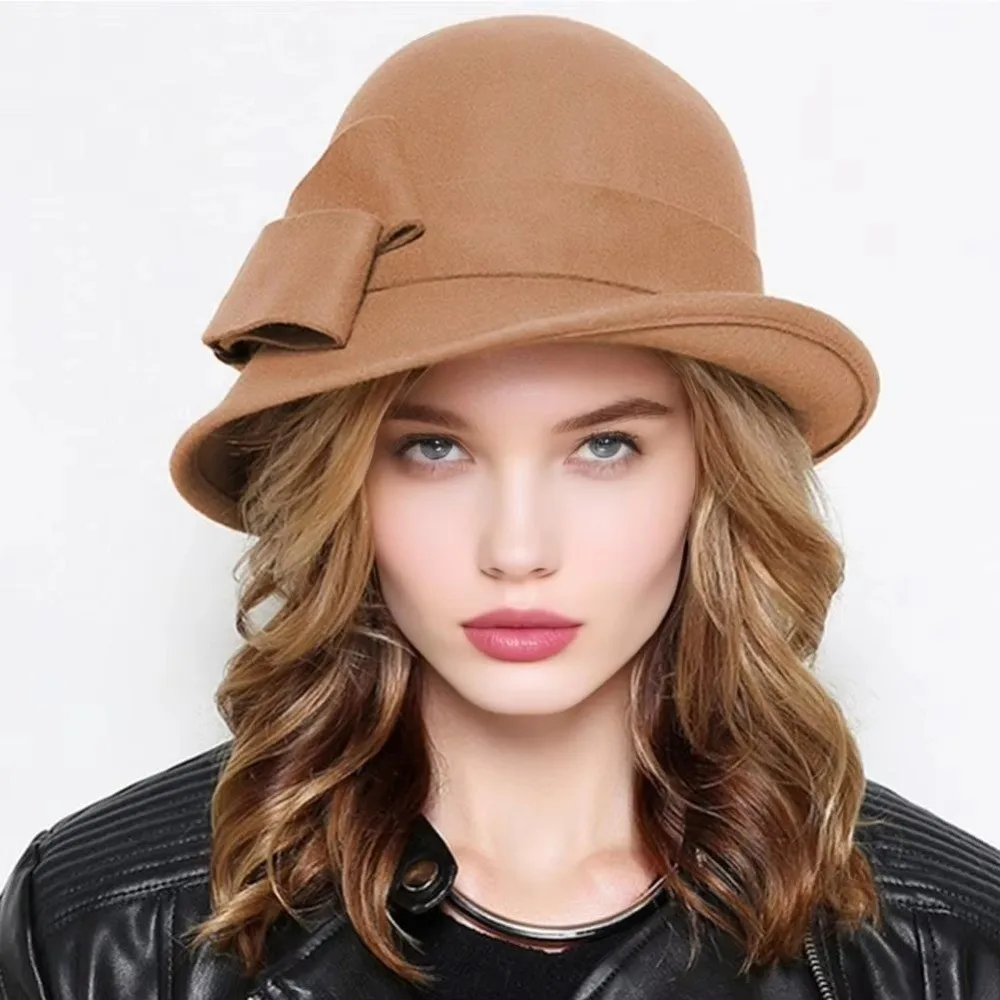 

Vintage Felt Wool Bucket Hat French Style Bow Panama Hat Hepburn Style Flat-top Black Topper Hat Funeral