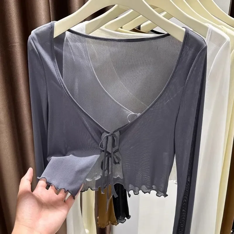 See Through Shirts Women Sexy Vintage Y2k Crop Tops Streetwear Harajuku Slim Long Sleeve Single-breasted Blouse Black Wine
