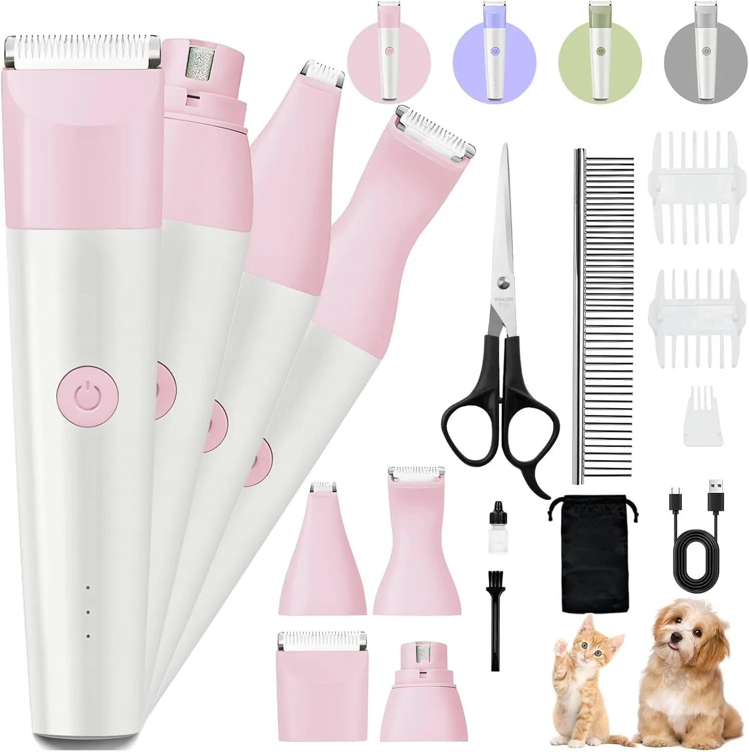 

4-in-1 Quiet Cordless Pet Grooming Kit, Low Noise Dog & Cat Clippers, Rechargeable Trimmer for Paw, Nail, Face & Body (Pink)