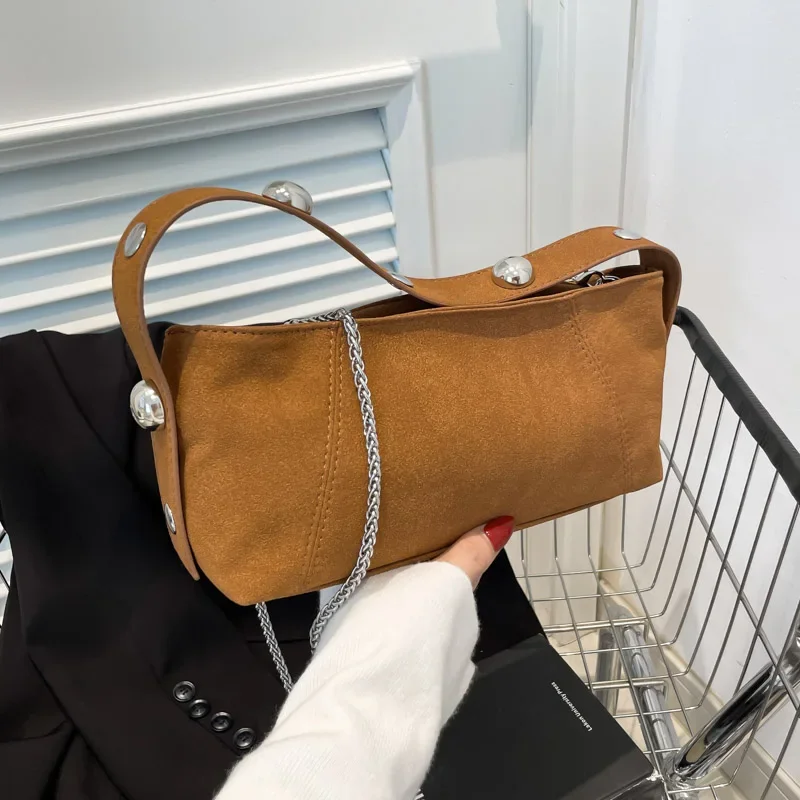 

Retro Rivet Shoulder Strap Underarm Handbag And Purse Women Composite Shoulder Bag Versatile Vintage Cloth Fabric Crossbody Bag