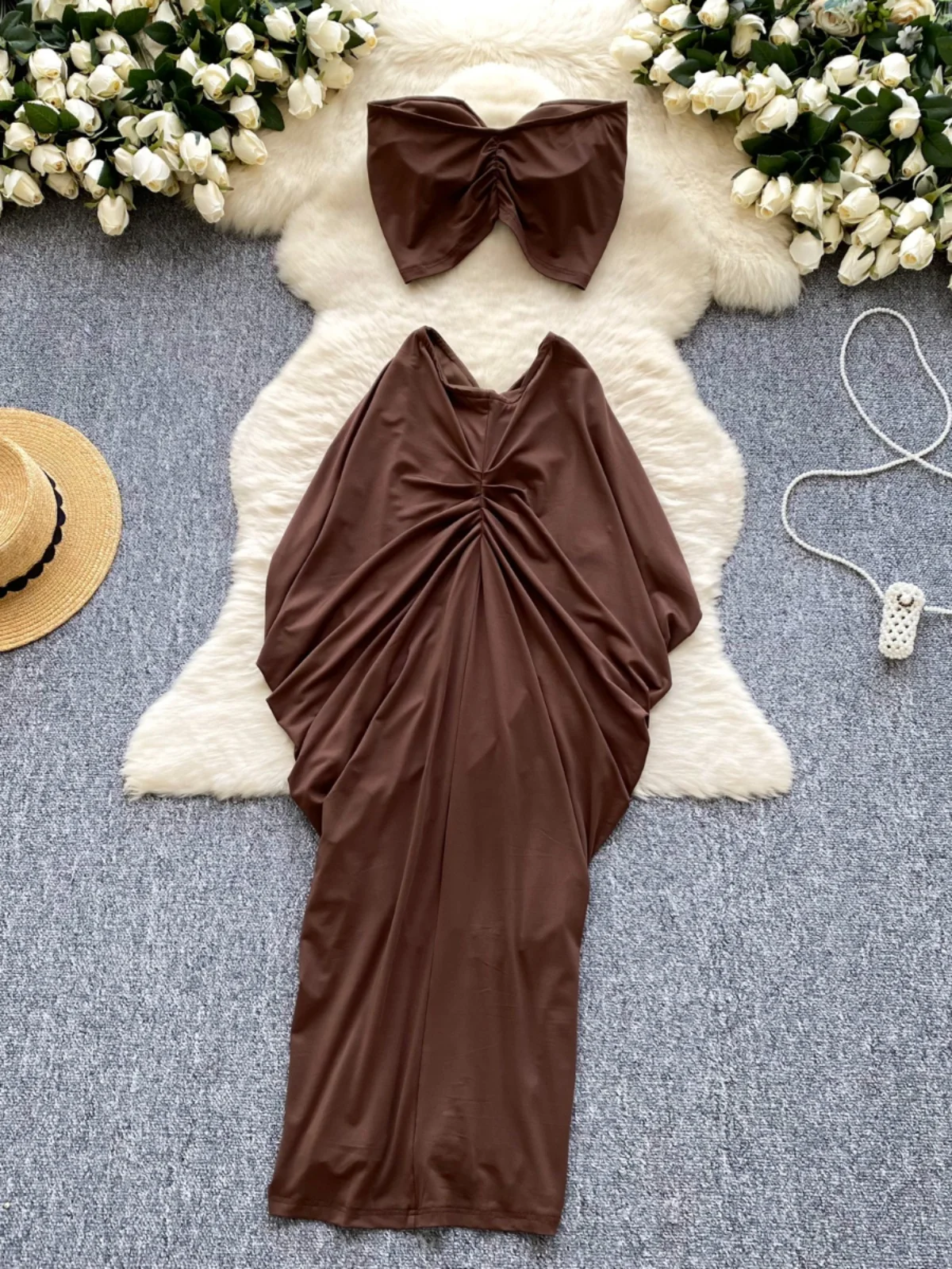 

Sexy Spicy Girl Vaion Outfit Women's High Waist Asymmetrical Pleated Flower f Skirt+ Tube Top Split Faion Set