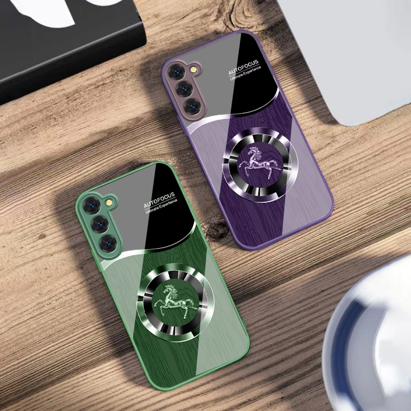 

Silver Leaping Blue Horse For Samsung S26 S25 Edge S25Ultra S8 9 S10 20 U ltra S21 Pro 22 Plus S23 FE S24 Ultra Glass Phone Case