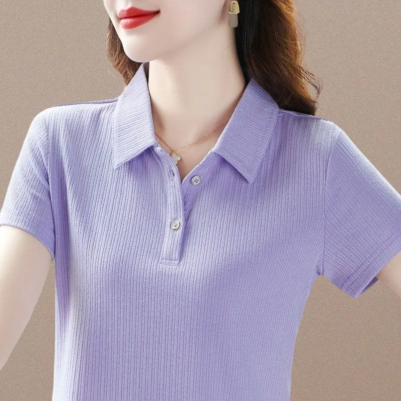 Elegant Pink Ribbed Knit Polo Shirt with Turn-Down Collar Short Sleeve and Button Front for Women's Casual Daily Wear