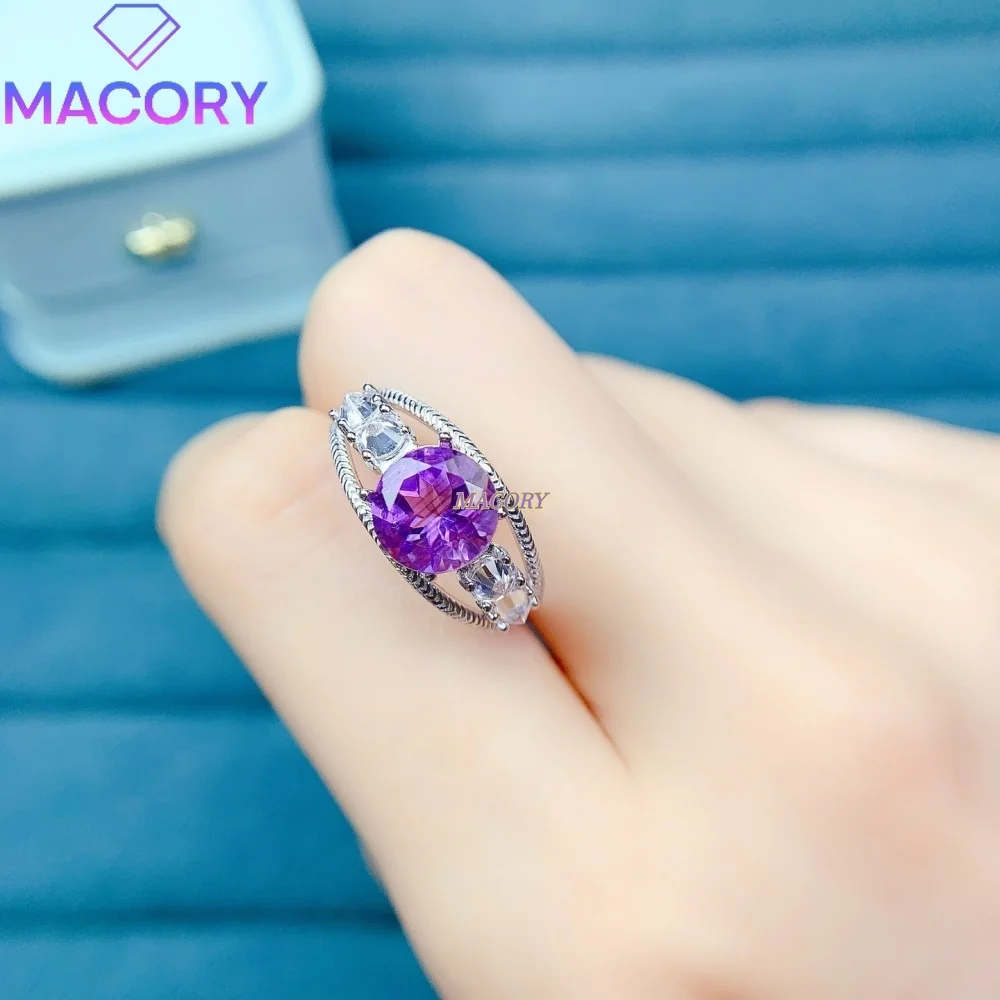 S925 silver natural amethyst ring luxurious simple design bright accent on the finger suitable for commuting Anniversary gift
