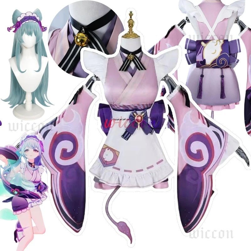 ゲンシン-女性用ウィッグ付きコスプレ衣装,ピンク,パープル,帽子,小道具,緑のウィッグ,女の子,パーティー,ハロウィーン,インパクト,ユメミズキ