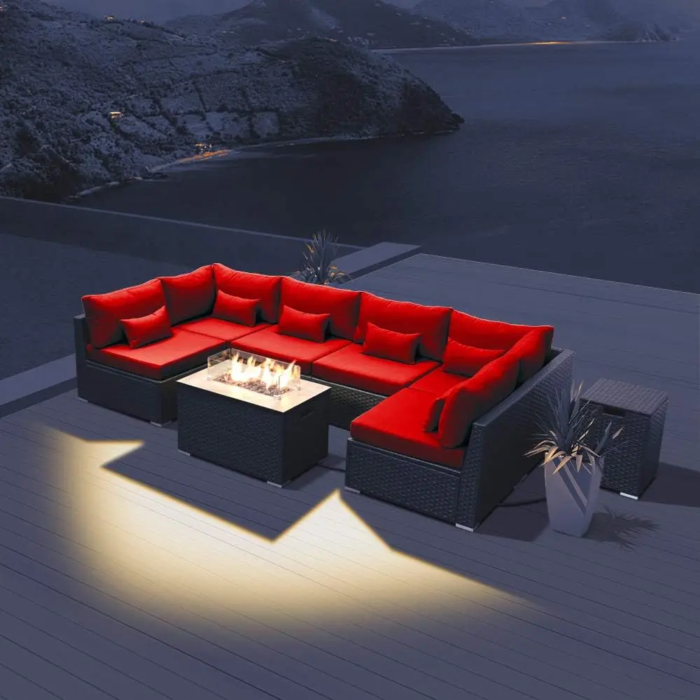 Patio Furniture Sectional Sofa with Gas Fire Pit Table Outdoor Patio Furniture Sets Propane Fire Pit (red-Rectangular Tab