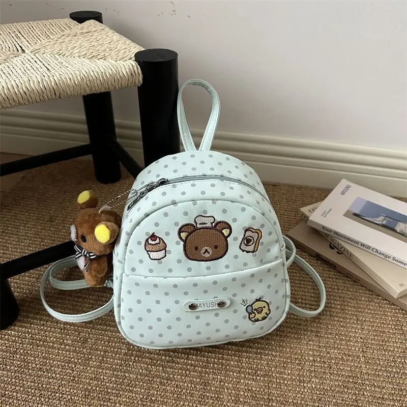 Cute Polka Dot Rilakkuma Embroidered Backpack for Women 2026 New Commuting Mini Backpack Mint Green