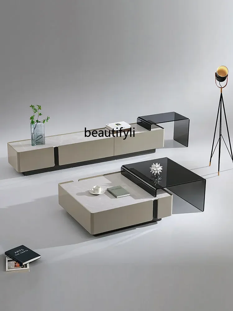 

smt03 Italian Minimalist Coffee Table TV Cabinet Combination Living Room Home Telescopic Super Crystal Stone Tea Table Bench