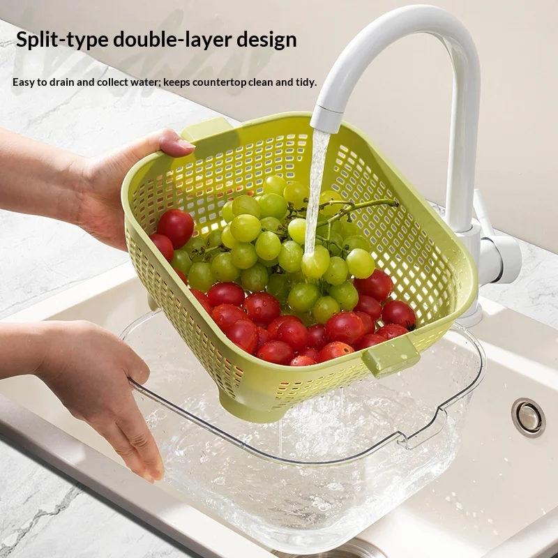 Kitchen Double Drain Basket Washing Vegetable Basket Thickened Transparent Drain Basin Multifunctional Fruit and Vegetable Basin