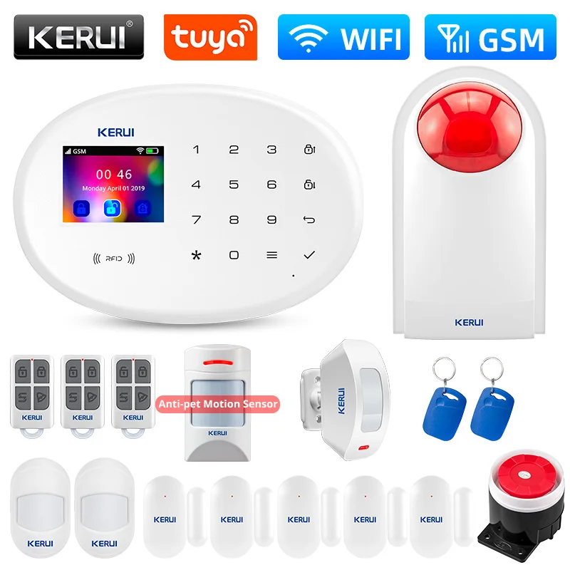 KERUI W202 WIFI GSM Alarm System Tuya Smart Home Security Alarm Kit RFID APP Remote Control with Door Sensor Motion Detector