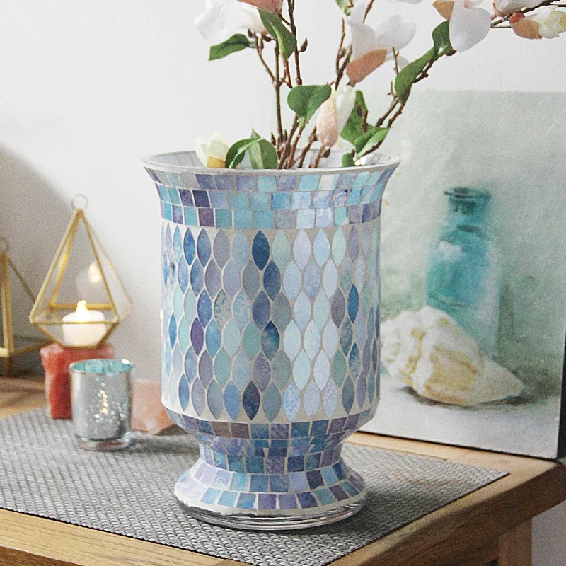 

. Handmade light blue mosaic glass vase, fashionable home decor, dining room decoration