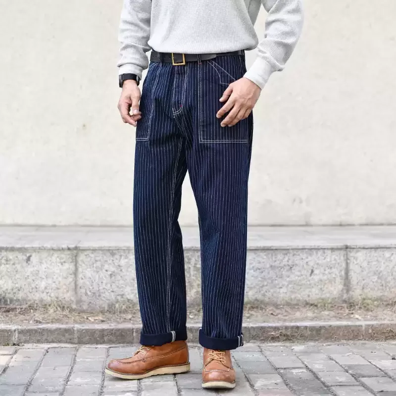 Sauce Zhan Mens Vintage Indigo Wabash Jeans Striped Selvedge Workwear Jeans - Men's American Classic Relax Fit 13 Oz