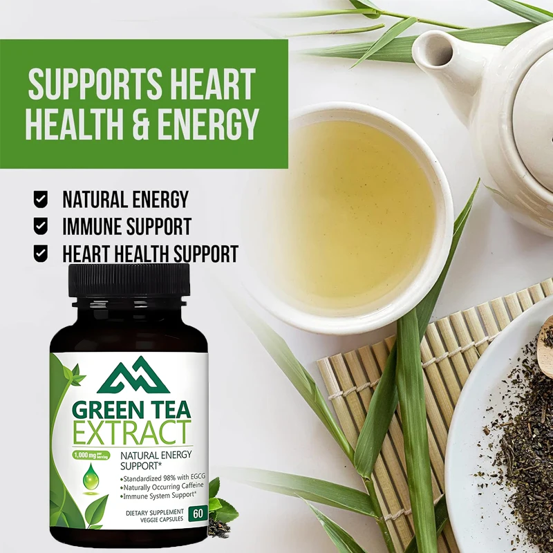 

Green Tea Extract Capsules 1000mg 3x Natural Energy Contains Polyphenols Mild Caffeine 60 Capsules