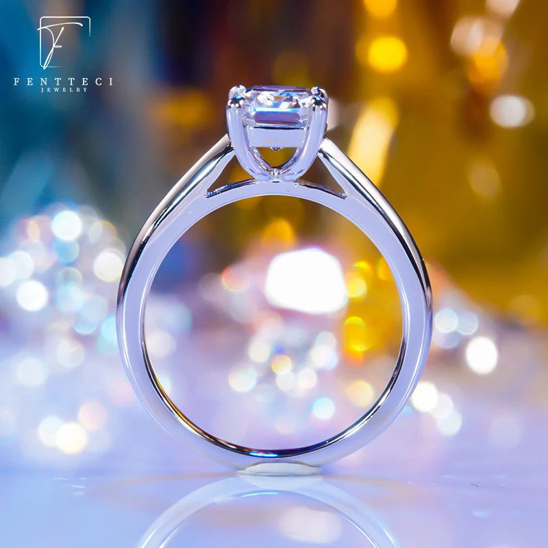FENTTECI 2 Carat Ring S925 Sterling Silver with Platinum Plated Emerald Moissanite Diamond Ring for Women Fine Jewelry Wedding