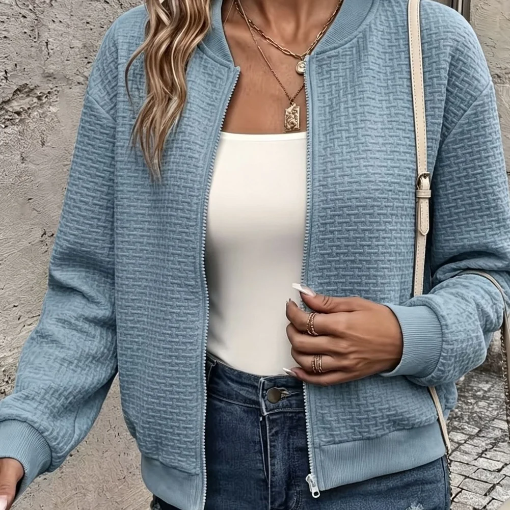 Womens Cropped Knit Jacket with Structured Baseball Collar and Smooth Zip Up Front for Vacation Beach Yoga Outings