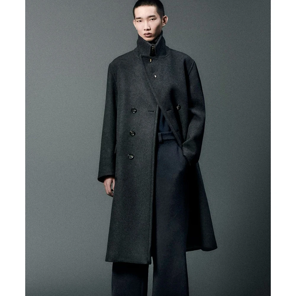 Dark Charcoal Gray Modern Minimalist Men Long Overcoat  Double-Breasted Peak Lapel Oversized Office Casual Date Male Outwear