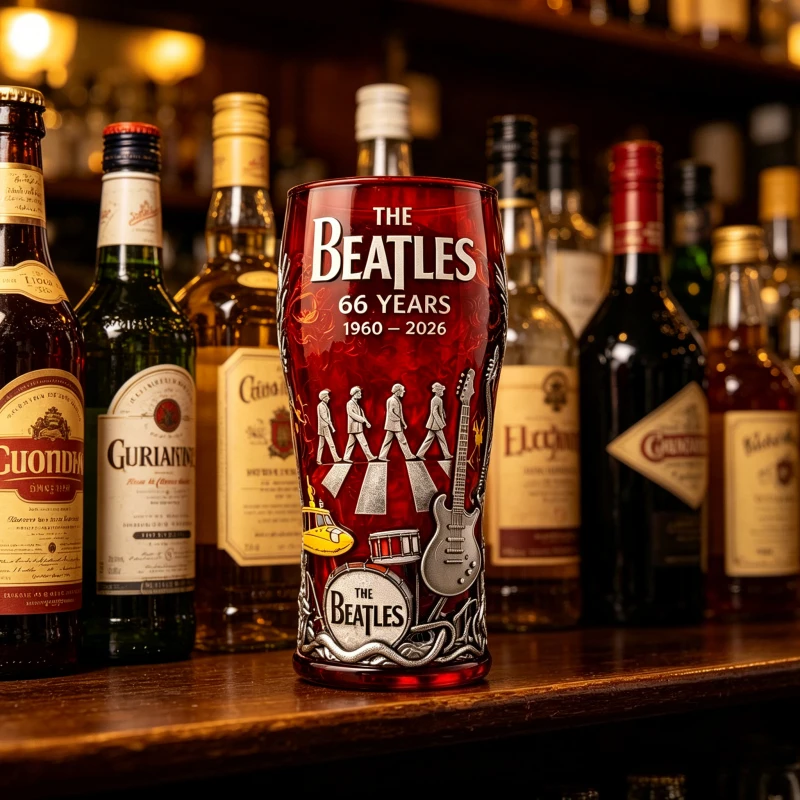 The Beatles Beatles 66th Anniversary Embossed Glass, Red Vintage Collectible Beer Mug