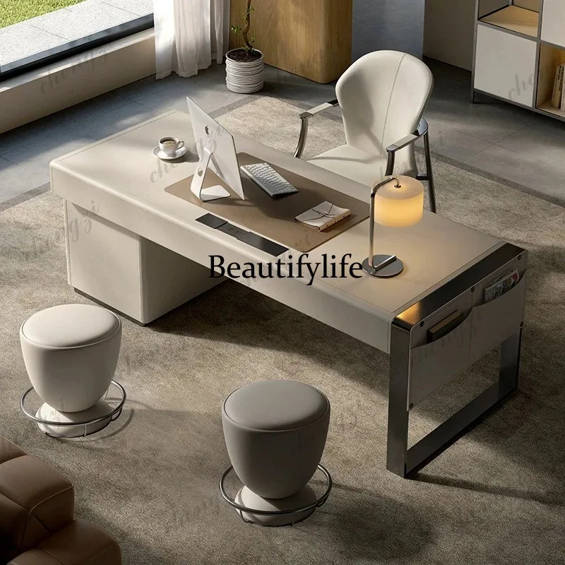 Escritorio de Oficina de Cuero Italiano TTT, Escritorio Moderno, Simple, de Lujo Ligero, Mueble de Oficina para Computadora, Escritorio para el Hogar