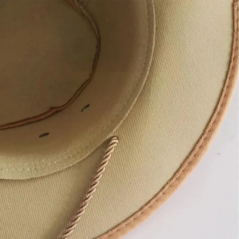 Western Men Rider Hat Deerskin Fleece Cool Sun Cowboy Hat Sand Skin Windproof Accessories Large Rope Solid Color Decoration