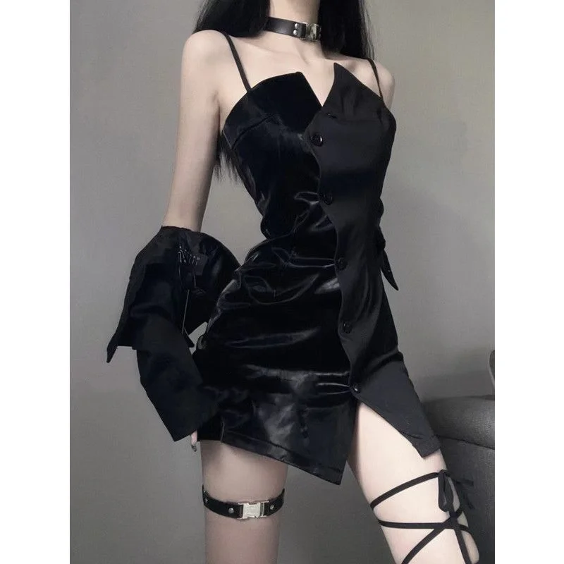 Vintage Black Blazer 2 Piece Dress Set Woman Elegant Short Tops Sexy Strap Y2k Mini Dress Gothic Fashion Suit Slim 2023 Autumn