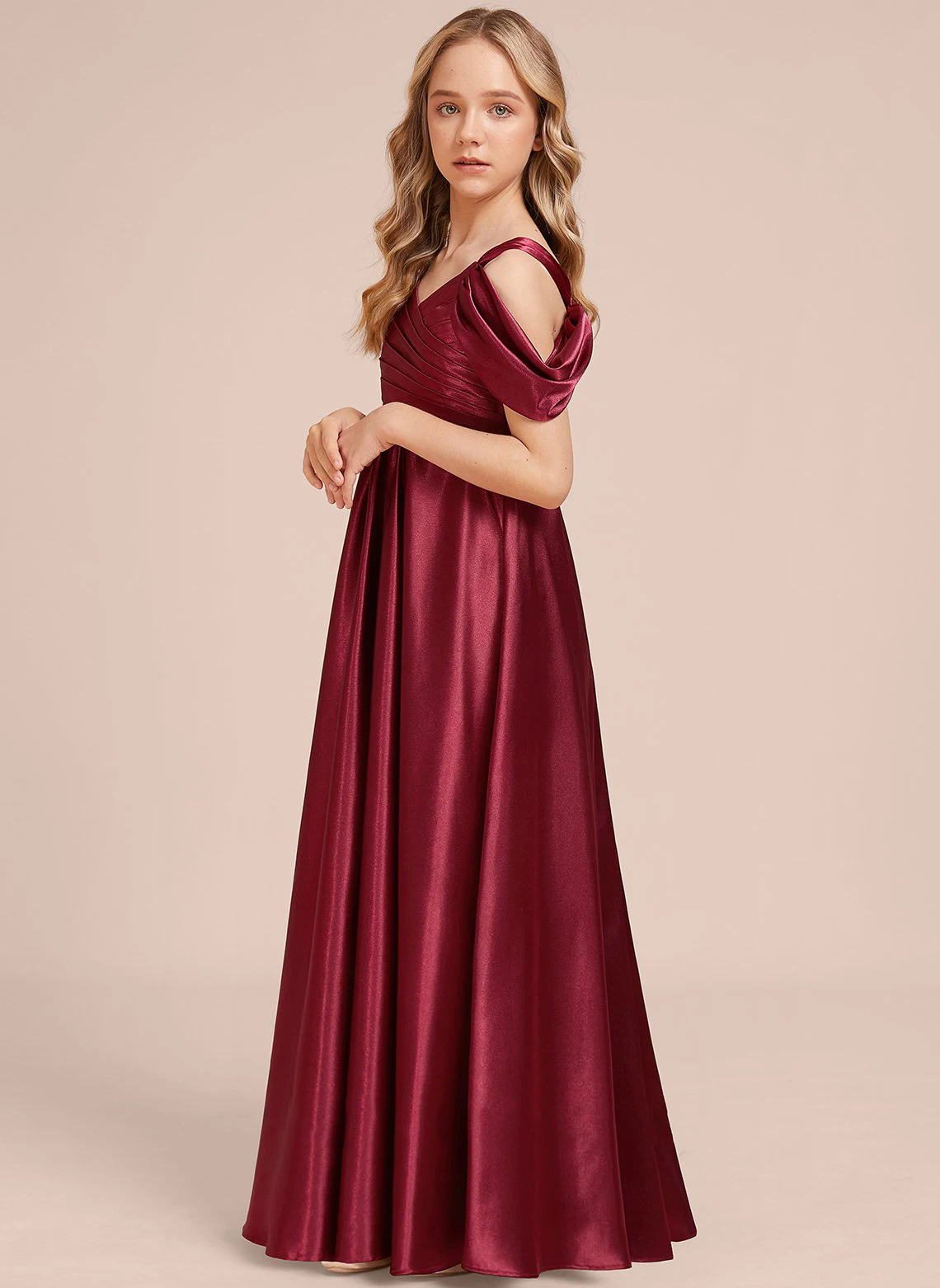 YZYmanualroom A-line Cold Shoulder Floor-Length Stretch Satin Junior Bridesmaid Dress/Customizable