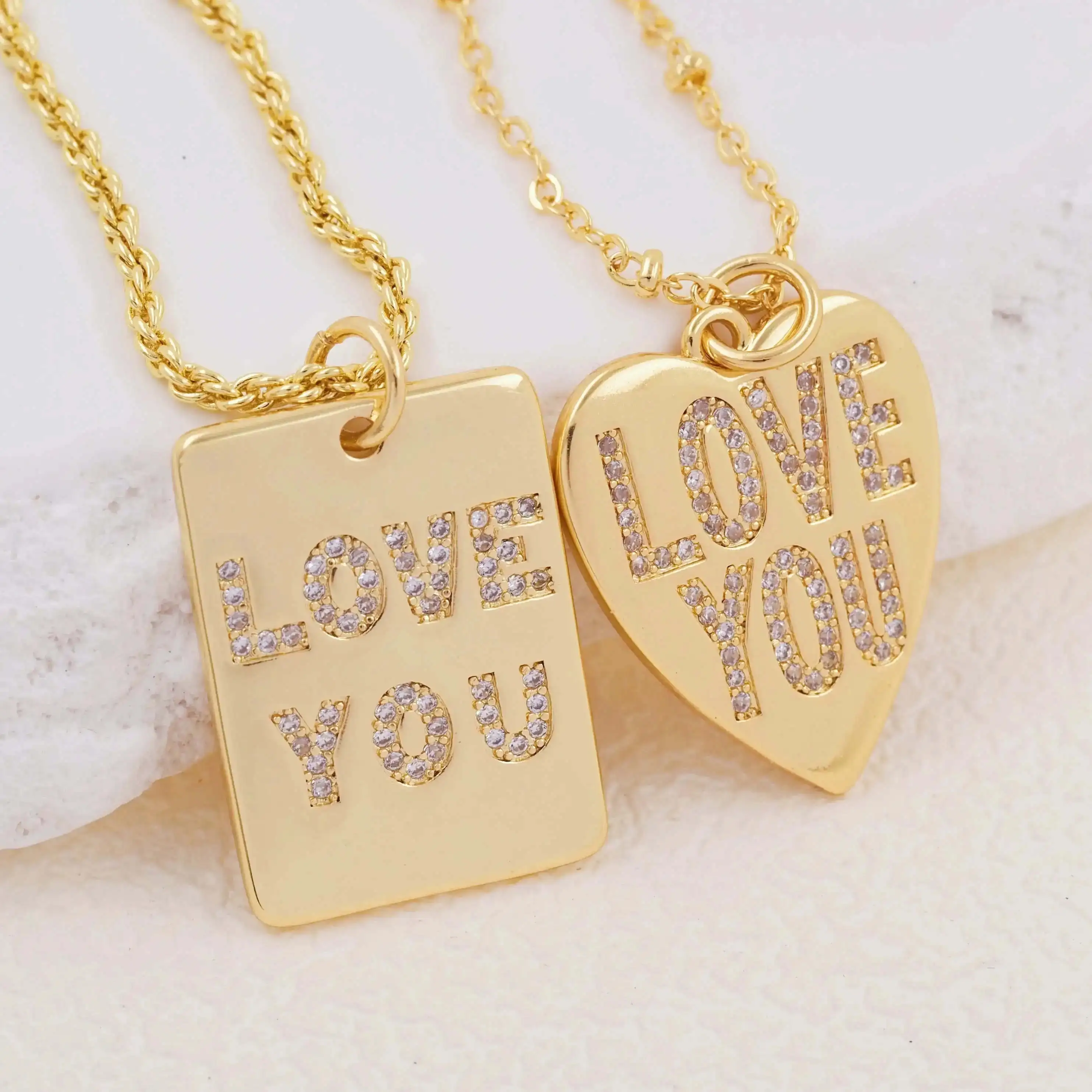 Romantic Rectangle/ Heart Love You Letters Pendant Necklace Jewelry Gold Plated Brass Inlaid Zircon Necklace Women Men Jewelry