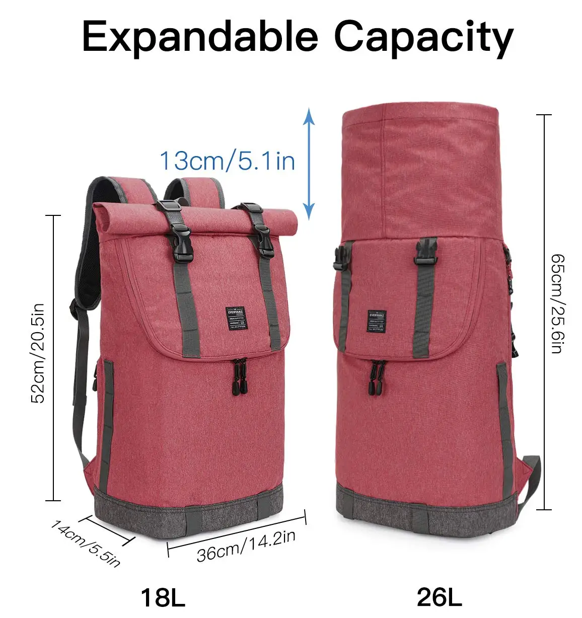 EverVanz Mochila unissex roll-top à prova d'água para caminhada, leve, casual, elegante, escolar