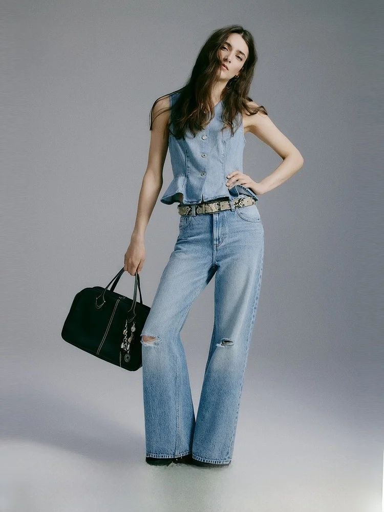 

High Waist Straight Leg Retro Denim Jeans Women's Summer Loose Fit Water Washed Wave Pattern H&M Ladies Jeans 0871889