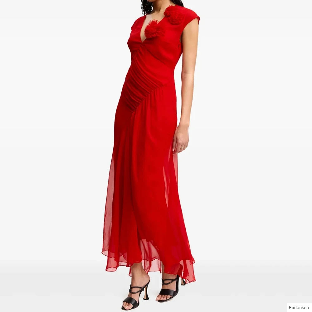 

A-line Women's Evening Dresses Ankle-length V-neck Sleeveless Prom Gown Fashion Flowers Pleat Simple Draped Customized Gowns