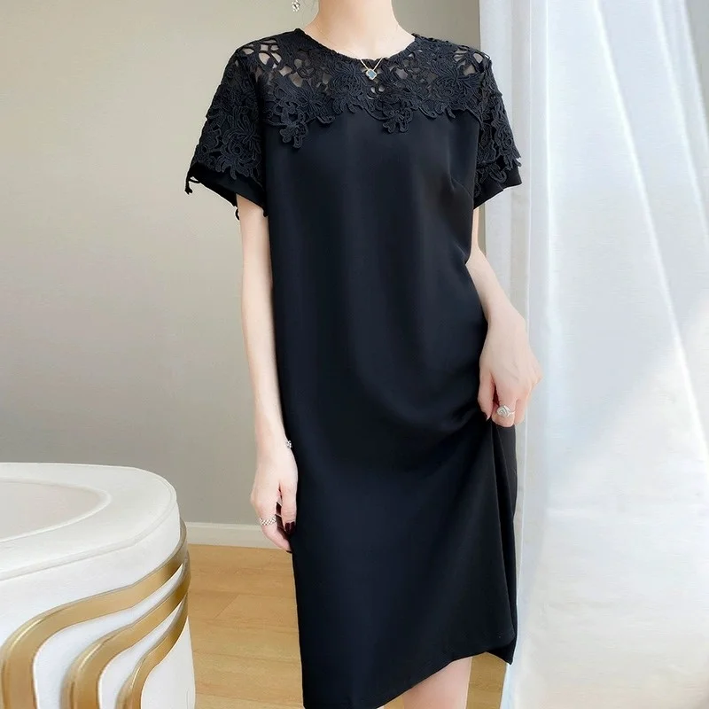 Acétate Satin T-shirt Dr femmes été ample droite minceur Design motif trajet Long Dr coréen Sle rond Ne